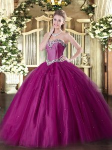 Unique Fuchsia Tulle Lace Up Sweetheart Sleeveless Floor Length Quinceanera Dresses Beading