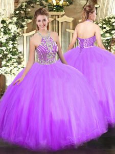 Sexy Lilac Halter Top Neckline Beading Sweet 16 Dress Sleeveless Lace Up