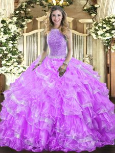 Custom Fit Lavender High-neck Neckline Beading and Ruffled Layers Ball Gown Prom Dress Sleeveless Lace Up
