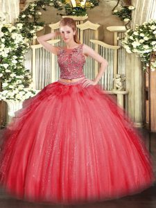 Floor Length Two Pieces Sleeveless Coral Red Quinceanera Gown Lace Up