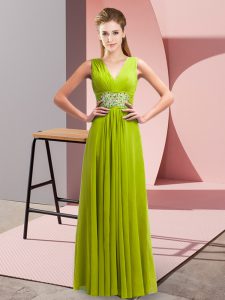 Yellow Green Lace Up Evening Dress Beading Sleeveless Floor Length