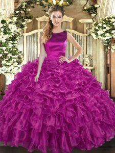 Fuchsia Scoop Lace Up Ruffles Quince Ball Gowns Sleeveless