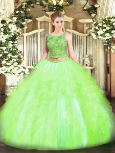 Two Pieces Quinceanera Dresses Yellow Green Scoop Tulle Sleeveless Floor Length Lace Up