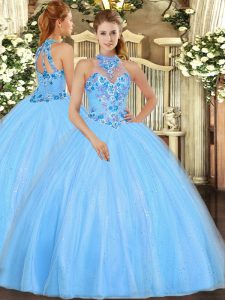 Luxury Halter Top Sleeveless Lace Up Vestidos de Quinceanera Baby Blue Tulle