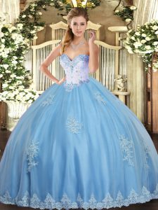 Aqua Blue Sweetheart Neckline Beading and Appliques Quince Ball Gowns Sleeveless Lace Up