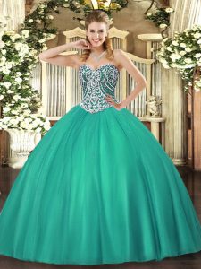 Dazzling Turquoise Tulle Lace Up Sweetheart Sleeveless Floor Length Quinceanera Gowns Beading