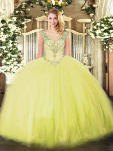 Yellow Green Sleeveless Tulle Lace Up Quinceanera Gown for Military Ball and Sweet 16 and Quinceanera