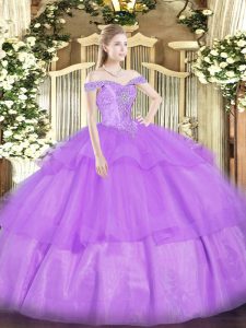 Flirting Off The Shoulder Sleeveless Lace Up Quince Ball Gowns Lavender Organza