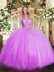Floor Length Lilac Sweet 16 Quinceanera Dress Halter Top Sleeveless Lace Up