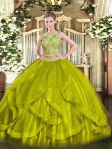 Olive Green Two Pieces Organza Scoop Sleeveless Beading and Ruffles Floor Length Lace Up Sweet 16 Quinceanera Dress