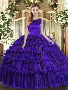 Scoop Sleeveless Quinceanera Gown Floor Length Ruffled Layers Purple Organza