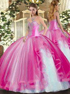 Custom Designed Floor Length Ball Gowns Sleeveless Fuchsia Quinceanera Gowns Lace Up