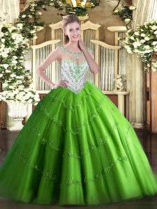 Ball Gowns Scoop Sleeveless Tulle Floor Length Zipper Beading and Appliques Vestidos de Quinceanera