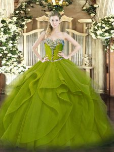 Olive Green Sleeveless Beading and Ruffles Floor Length 15th Birthday Dress