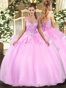 High End Organza Straps Sleeveless Lace Up Beading Ball Gown Prom Dress in Pink