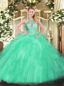 Apple Green Sleeveless Floor Length Beading and Ruffles Lace Up Quinceanera Gown