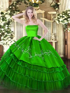 Floor Length Green Quinceanera Gowns Strapless Sleeveless Zipper
