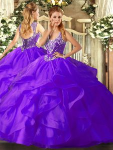 Nice Purple Vestidos de Quinceanera Military Ball and Sweet 16 and Quinceanera with Beading and Ruffles Straps Sleeveless Lace Up