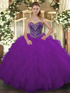 Fine Sleeveless Floor Length Beading and Ruffled Layers Lace Up 15 Quinceanera Dress with Purple