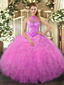 Rose Pink Organza Lace Up Halter Top Sleeveless Floor Length 15th Birthday Dress Beading and Ruffles