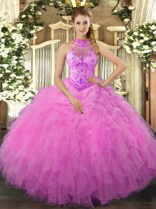 Rose Pink Organza Lace Up Halter Top Sleeveless Floor Length 15th Birthday Dress Beading and Ruffles
