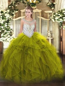 Vintage Ball Gowns Quinceanera Dress Olive Green Scoop Tulle Sleeveless Floor Length Zipper