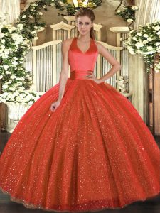 Rust Red Lace Up Quince Ball Gowns Sequins Sleeveless Floor Length