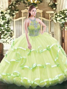 Tulle Sleeveless Floor Length Quinceanera Gown and Beading and Ruffled Layers