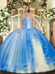 Vintage Floor Length Lace Up Ball Gown Prom Dress Baby Blue for Military Ball and Sweet 16 and Quinceanera with Beading and Ruffles