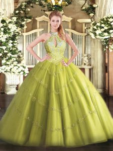 Floor Length Yellow Green Sweet 16 Dresses Halter Top Sleeveless Lace Up