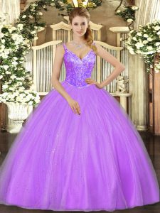 Admirable Lavender Tulle Lace Up V-neck Sleeveless Floor Length 15th Birthday Dress Beading