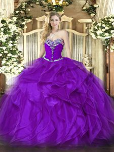 Ideal Floor Length Lace Up Ball Gown Prom Dress Purple for Military Ball and Sweet 16 and Quinceanera with Beading and Ruffles