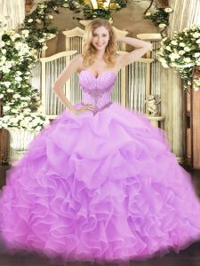 Customized Sleeveless Organza Floor Length Lace Up Quinceanera Gowns in Lilac with Beading and Ruffles and Pick Ups