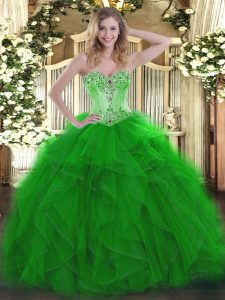 Fabulous Green Ball Gowns Beading and Ruffles 15 Quinceanera Dress Lace Up Organza Sleeveless Floor Length