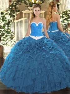 Romantic Sleeveless Organza Floor Length Lace Up Quinceanera Dress in Blue with Appliques and Ruffles