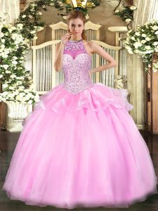 Cheap Pink Halter Top Lace Up Beading 15 Quinceanera Dress Sleeveless