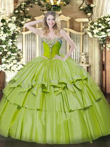 Olive Green Organza and Taffeta Lace Up Sweet 16 Dress Sleeveless Floor Length Beading and Ruffled Layers