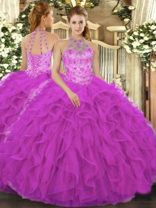 Perfect Ball Gowns Sweet 16 Dress Fuchsia Halter Top Organza Sleeveless Floor Length Lace Up