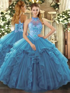 Teal Ball Gowns Organza Halter Top Sleeveless Beading and Ruffles Floor Length Lace Up Sweet 16 Quinceanera Dress