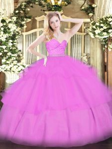 Glittering Lilac Tulle Zipper 15th Birthday Dress Sleeveless Floor Length Beading and Lace and Ruffled Layers