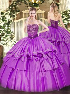 Lilac Ball Gowns Beading and Ruffled Layers Quinceanera Dress Lace Up Organza and Taffeta Sleeveless Floor Length