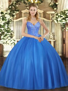 Blue Ball Gown Prom Dress Military Ball and Sweet 16 and Quinceanera with Beading V-neck Sleeveless Lace Up