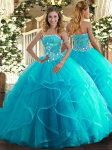 Pretty Floor Length Aqua Blue Quinceanera Gowns Tulle Sleeveless Beading and Ruffles