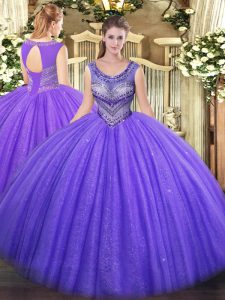 Spectacular Sleeveless Tulle Floor Length Lace Up 15 Quinceanera Dress in Lavender with Beading
