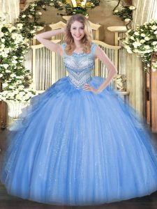 Shining Floor Length Ball Gowns Sleeveless Blue 15 Quinceanera Dress Lace Up