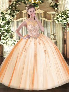 Peach Tulle Zipper Scoop Sleeveless Floor Length Quinceanera Gowns Beading and Appliques