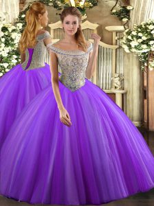 Tulle Off The Shoulder Sleeveless Lace Up Beading Sweet 16 Dress in Lavender
