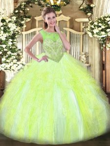 Admirable Yellow Green Scoop Lace Up Beading and Ruffles Ball Gown Prom Dress Sleeveless