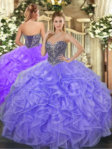 Inexpensive Organza Sweetheart Sleeveless Lace Up Beading and Ruffles Quinceanera Gowns in Lavender