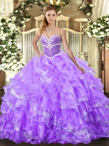 Suitable Sleeveless Organza Floor Length Lace Up Quince Ball Gowns in Lavender with Ruffled Layers